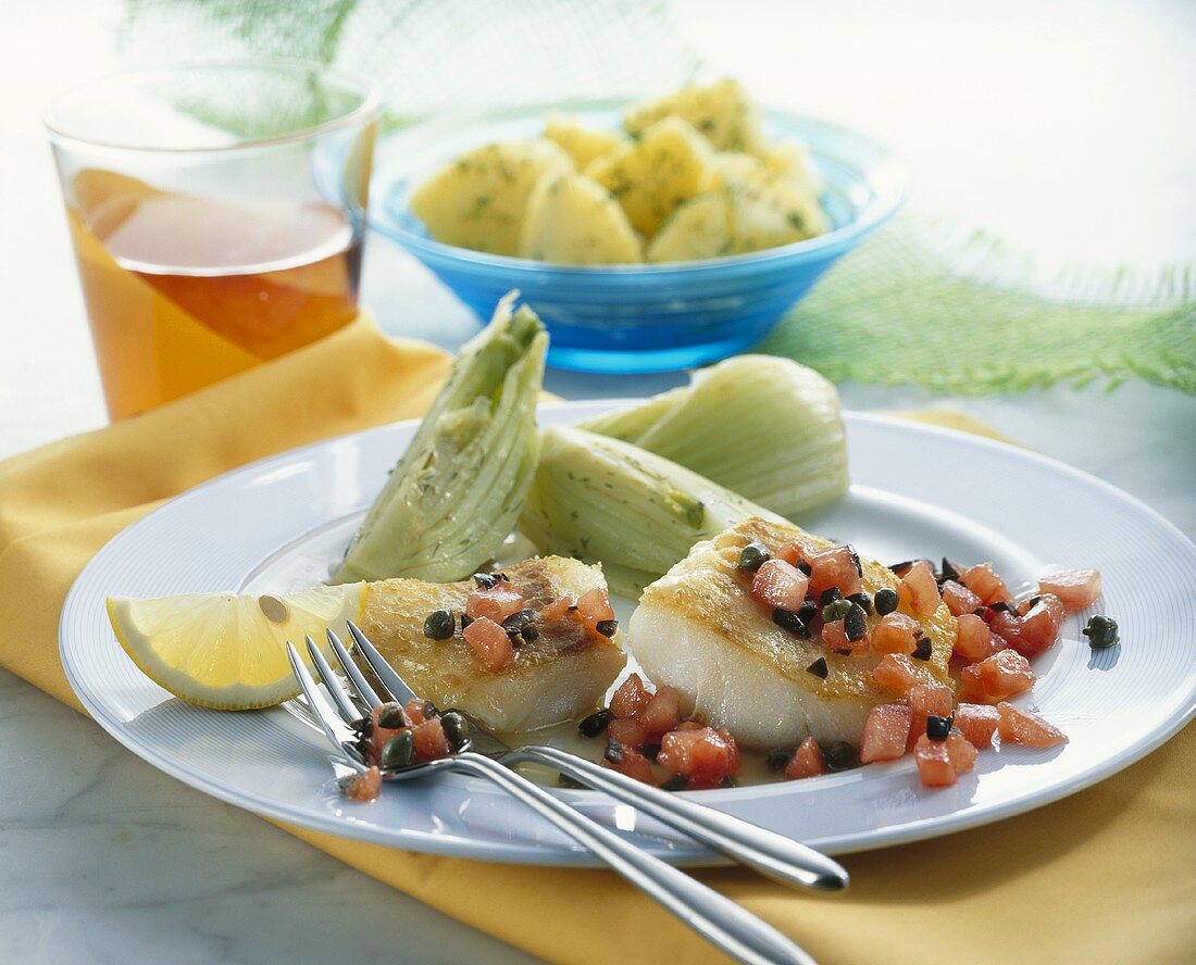 Cod with fennel, tomatoes and capers