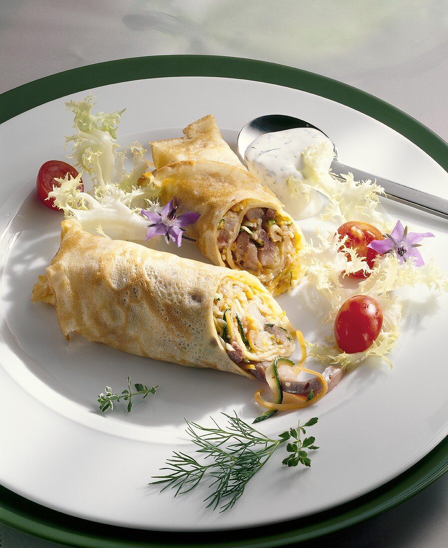Crepes with matje herring & vegetable filling & yoghurt dill sauce