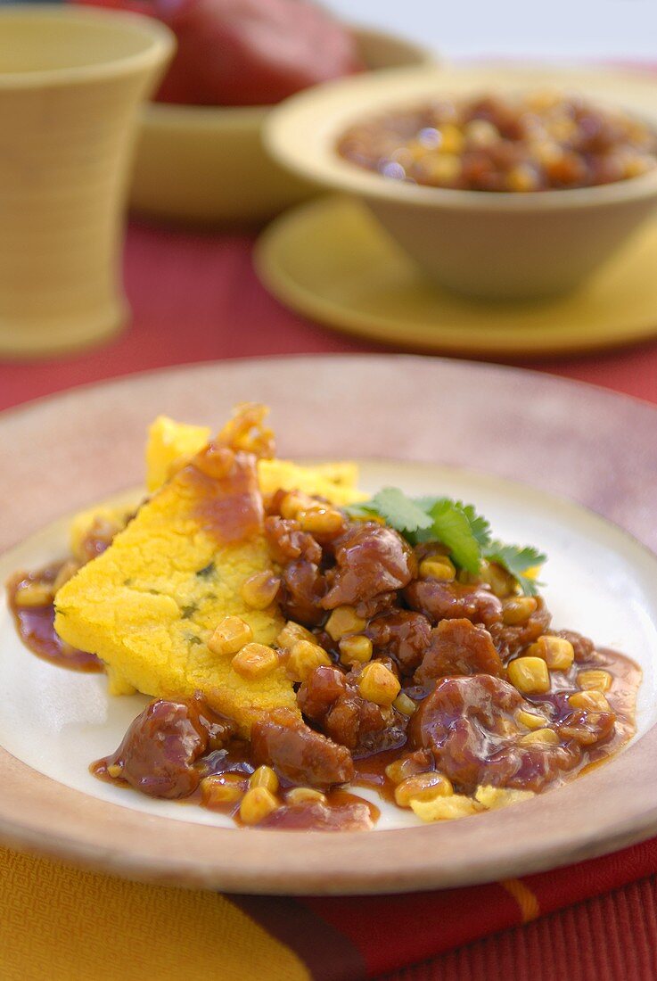 Chorizo with polenta diamonds and sweetcorn