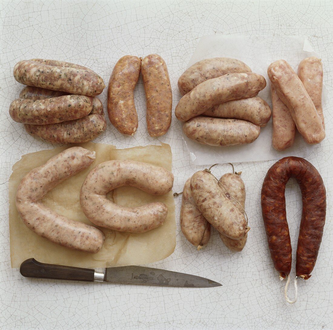 Various types of sausages at the butcher's