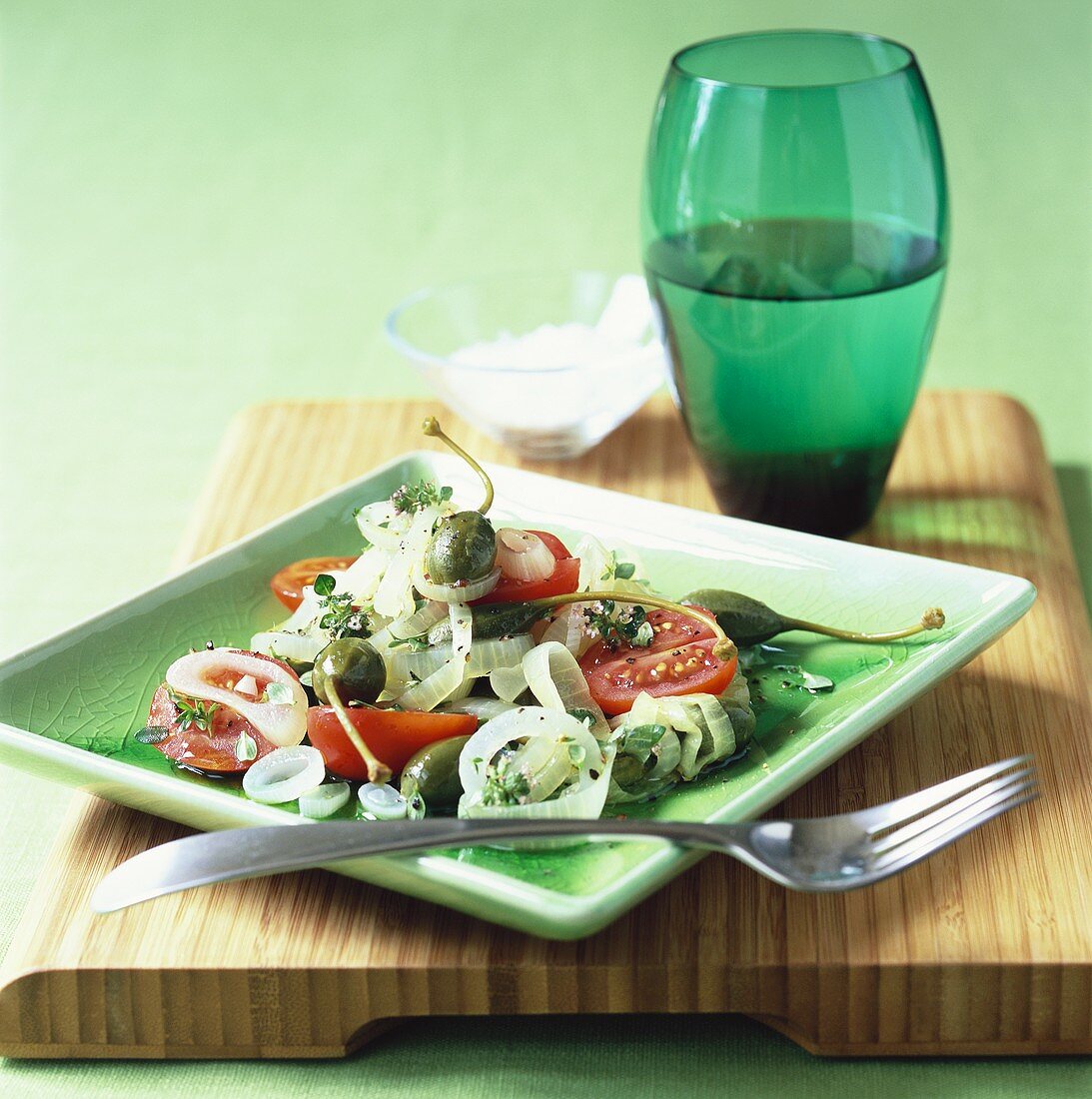 Tomato and onion salad with giant capers