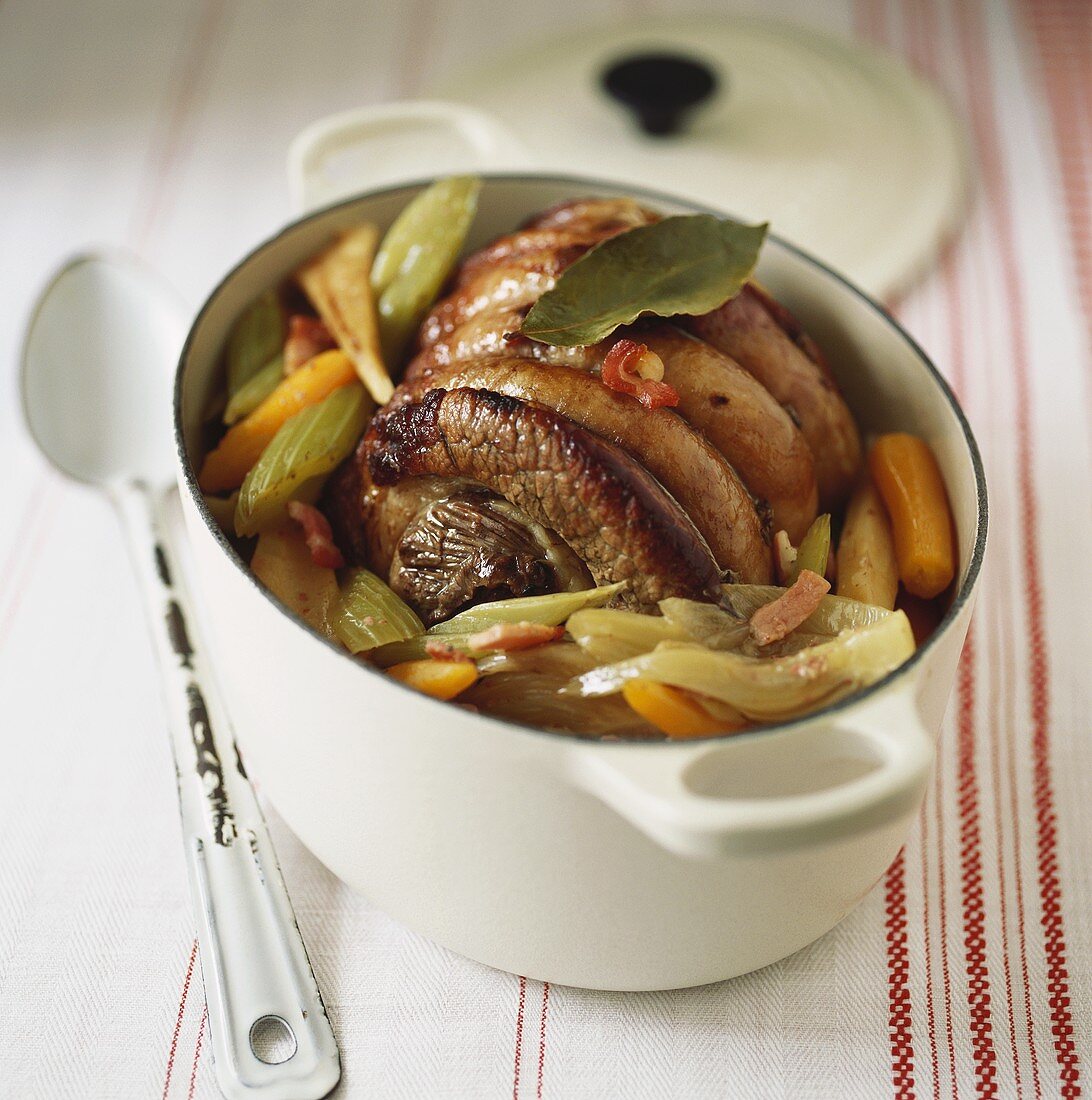 Braised beef with vegetables in casserole