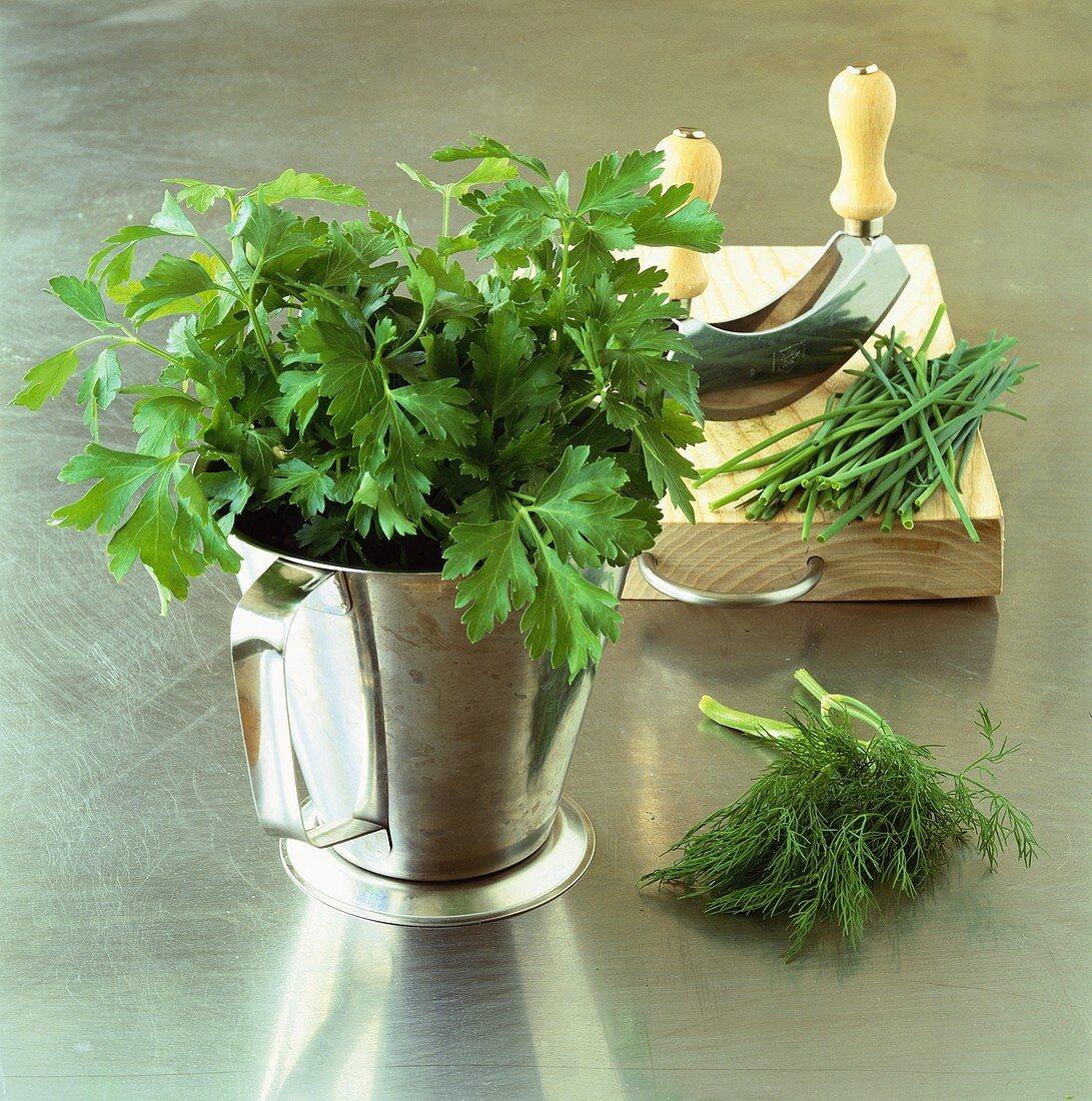 Parsley, dill and chives with mezzaluna