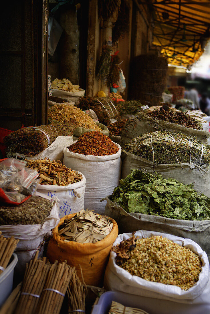 Spices in sacks at a market in Guangzhou, China