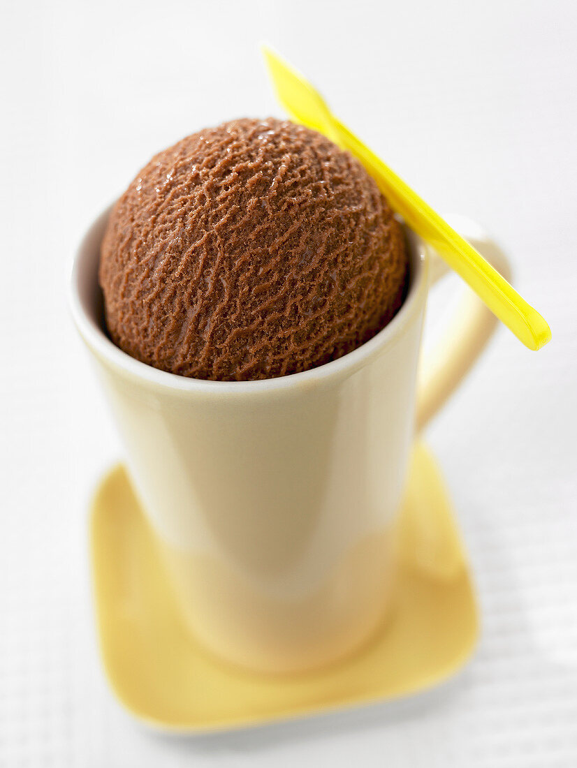A scoop of chocolate ice cream in a beaker