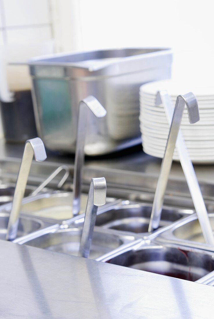 Various sauces in a commercial kitchen