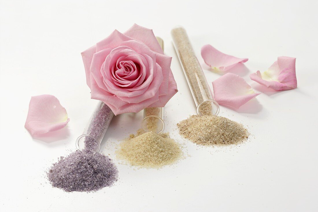 Flower-flavoured sugars in glass tubes, rose, rose petals