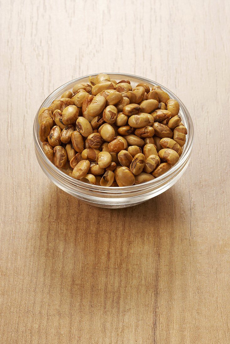 Roasted soya beans in glass dish