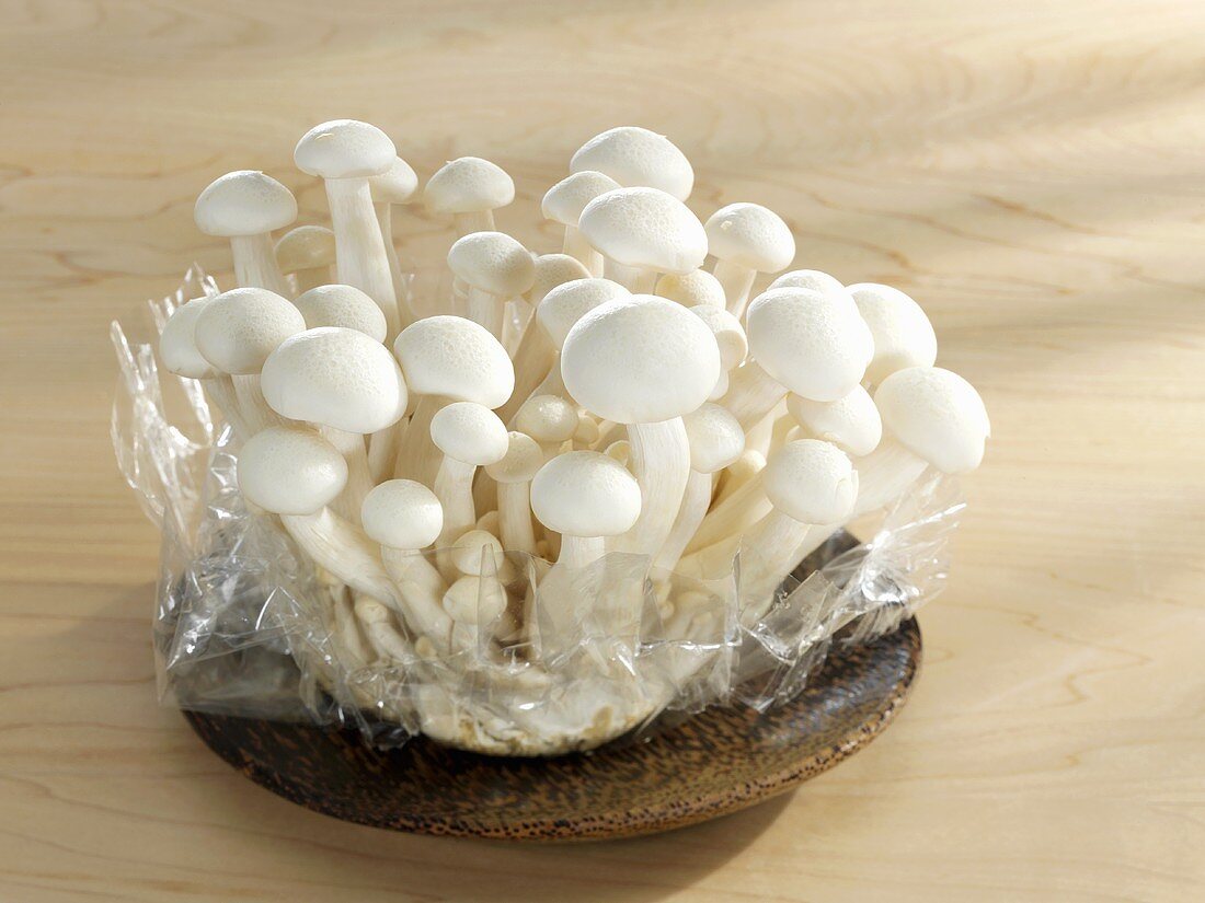 Shimeji mushrooms on wooden plate