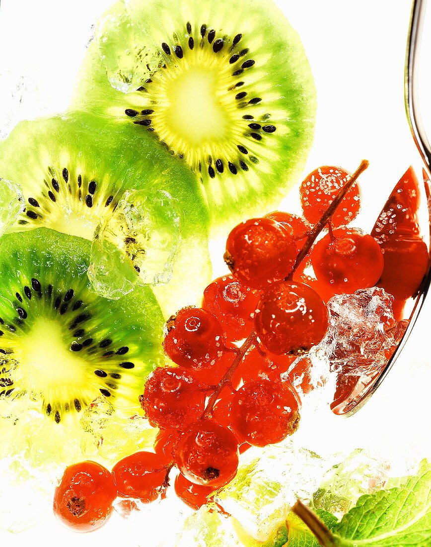 Kiwi fruit slices and redcurrants with ice