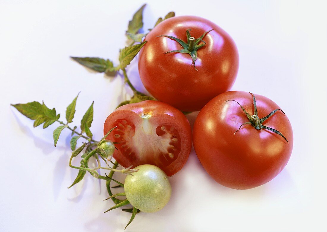 Tomaten, ganz und halbiert, mit Blättern