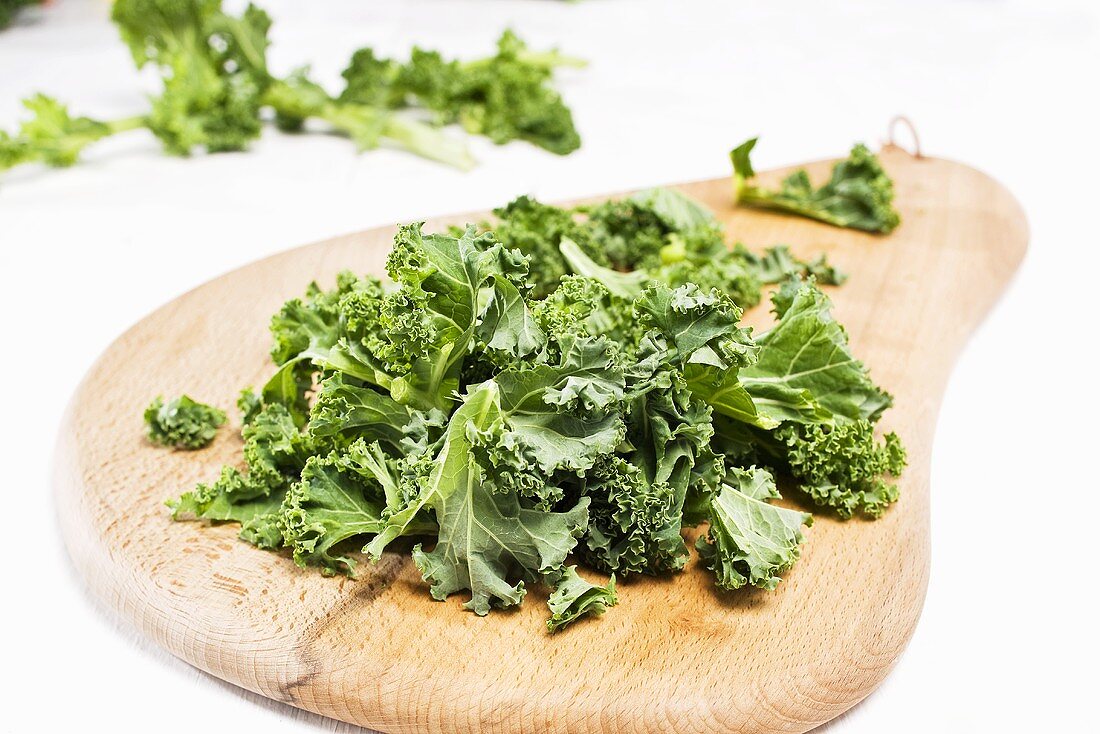 Kale, chopped, on chopping board