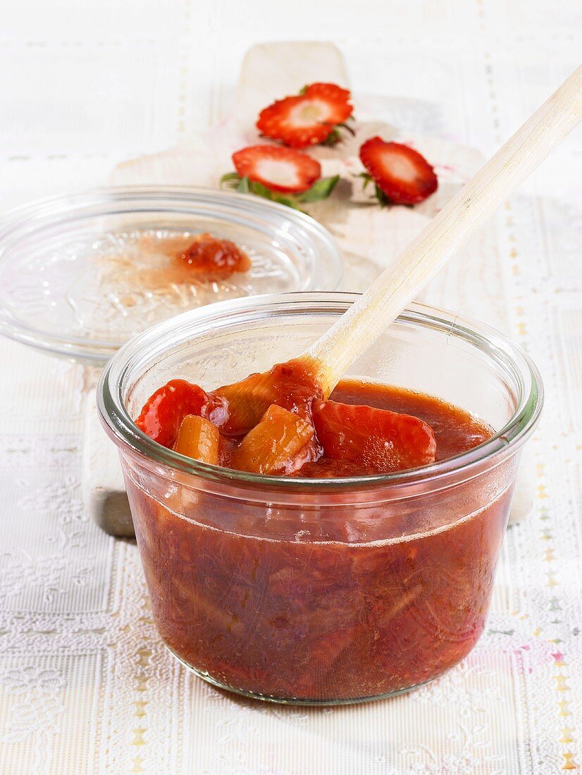 Rhubarb and strawberry compote in preserving jar