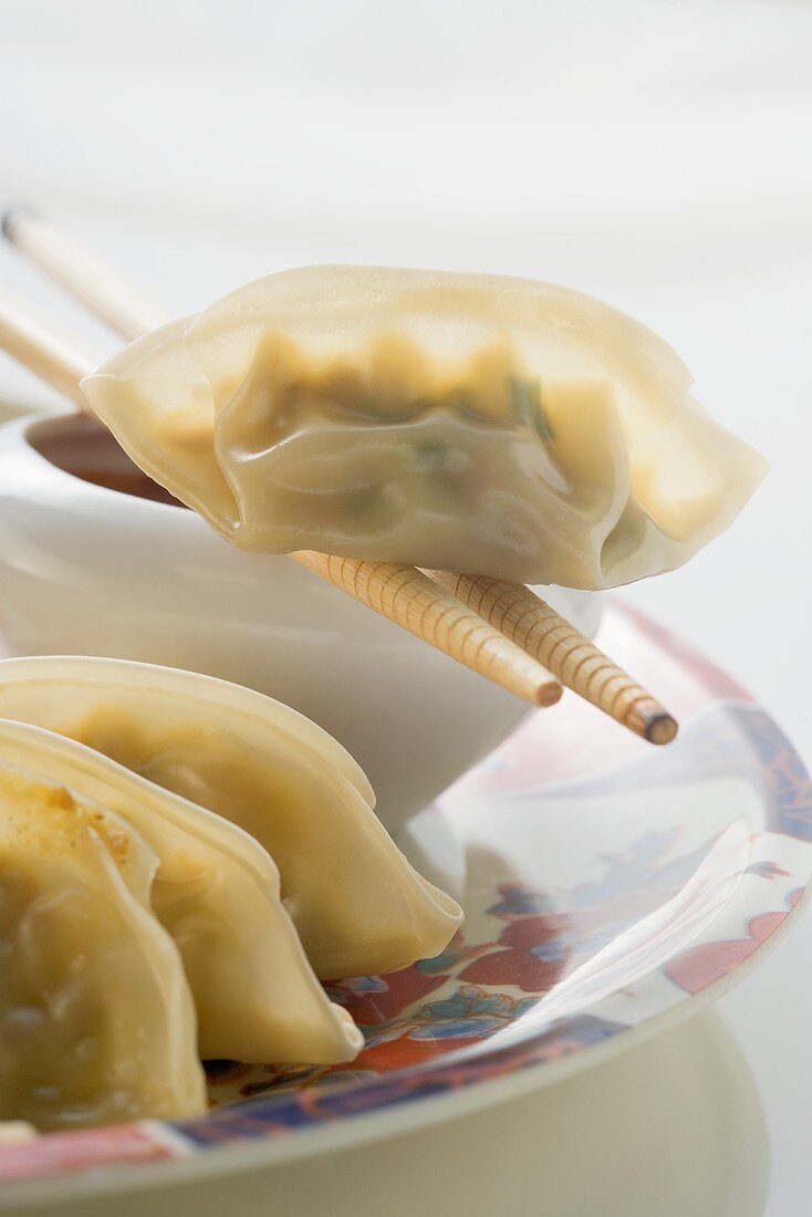 Dim Sum mit Dip auf Teller und Essstäbchen (Asien)