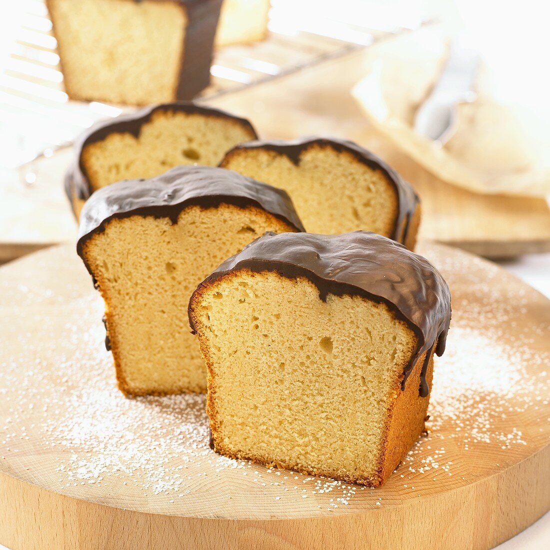 Madeira cake with chocolate icing, cut into pieces
