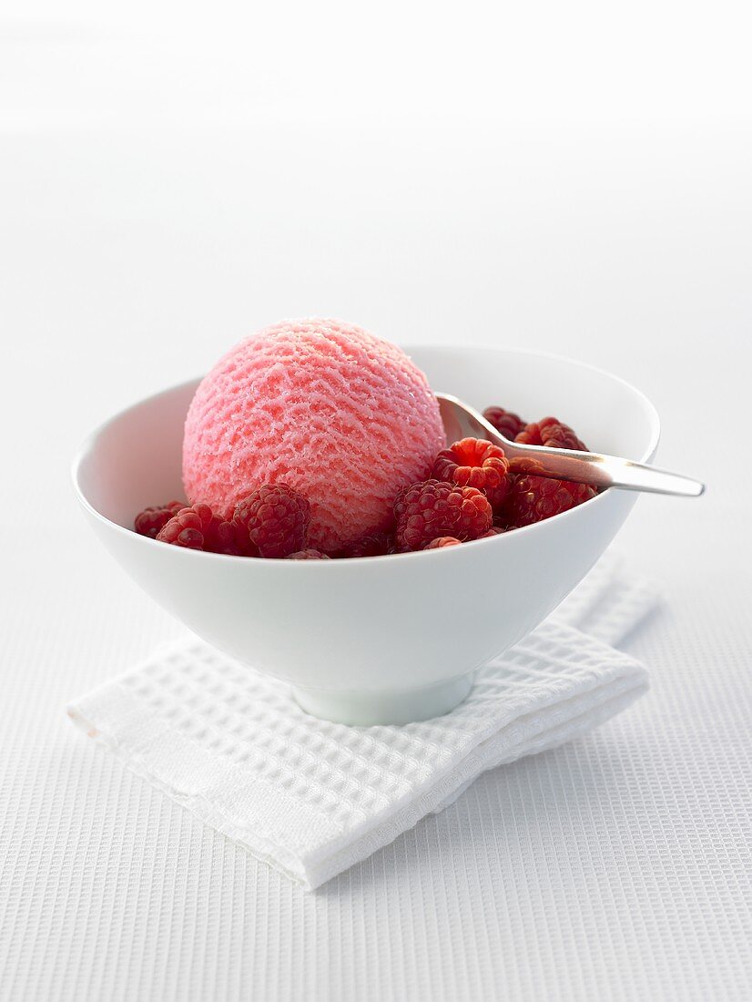 Raspberry ice cream and fresh raspberries in a bowl