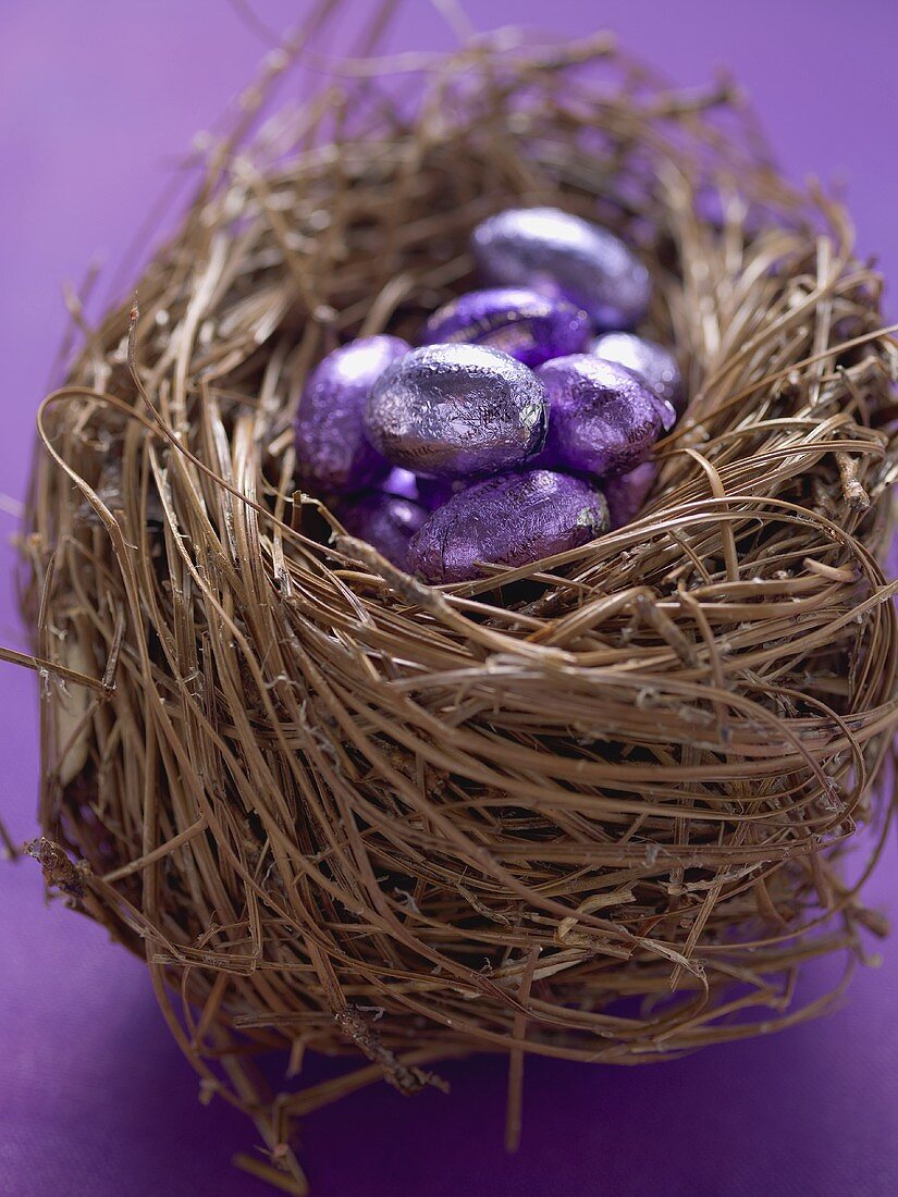 Chocolate Easter eggs in purple foil in an Easter nest