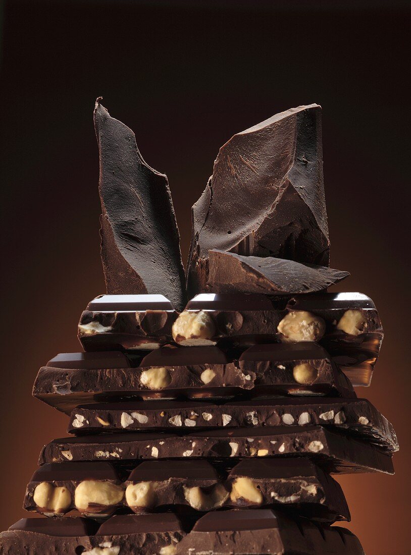 Pieces of nut chocolate, stacked