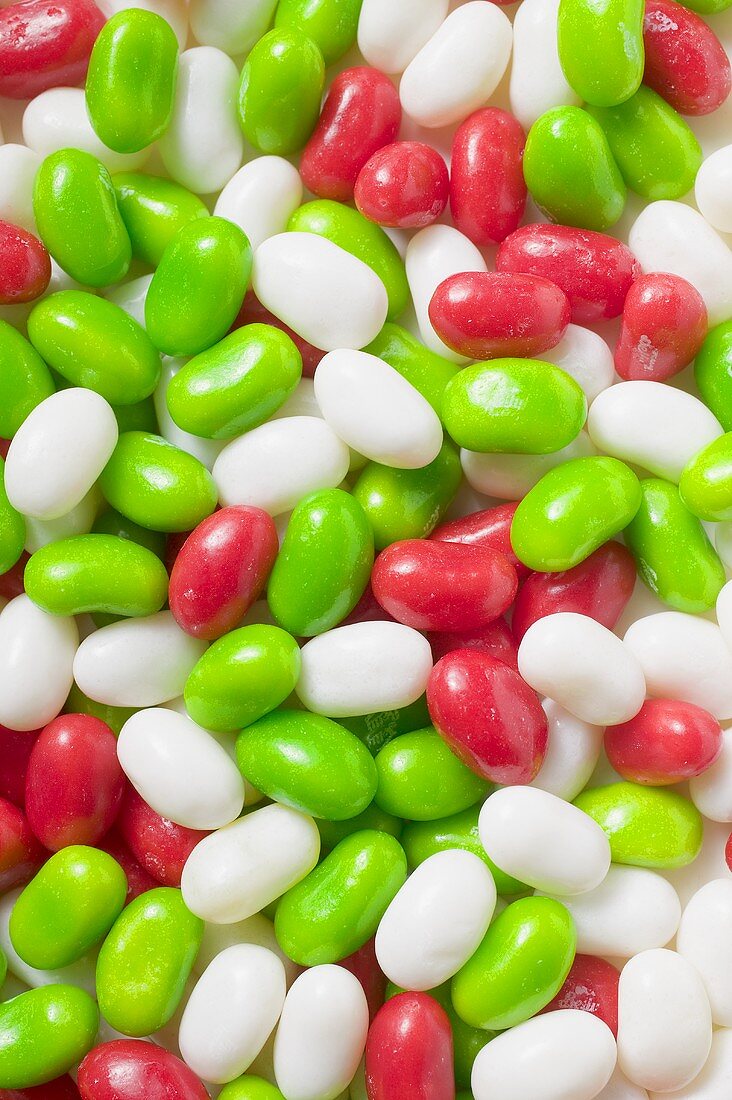 Red, green and white jelly beans (full-frame)