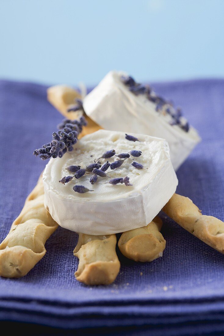 Goat's cheese with lavender flowers on breadsticks