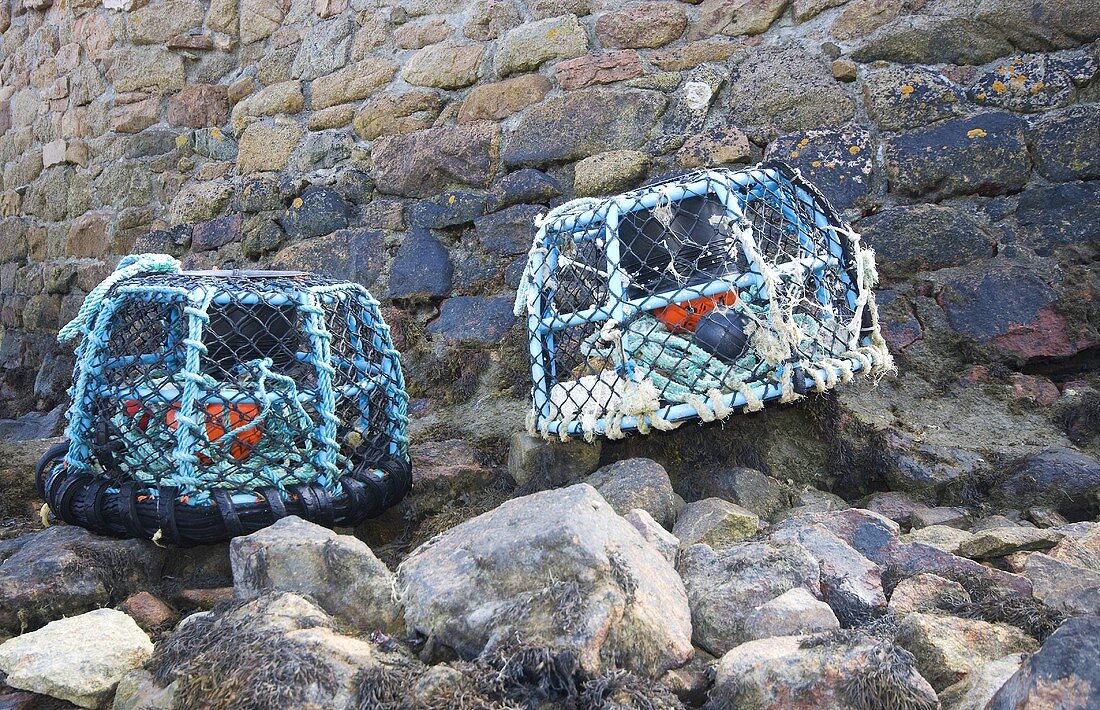 Lobster pots on rocks