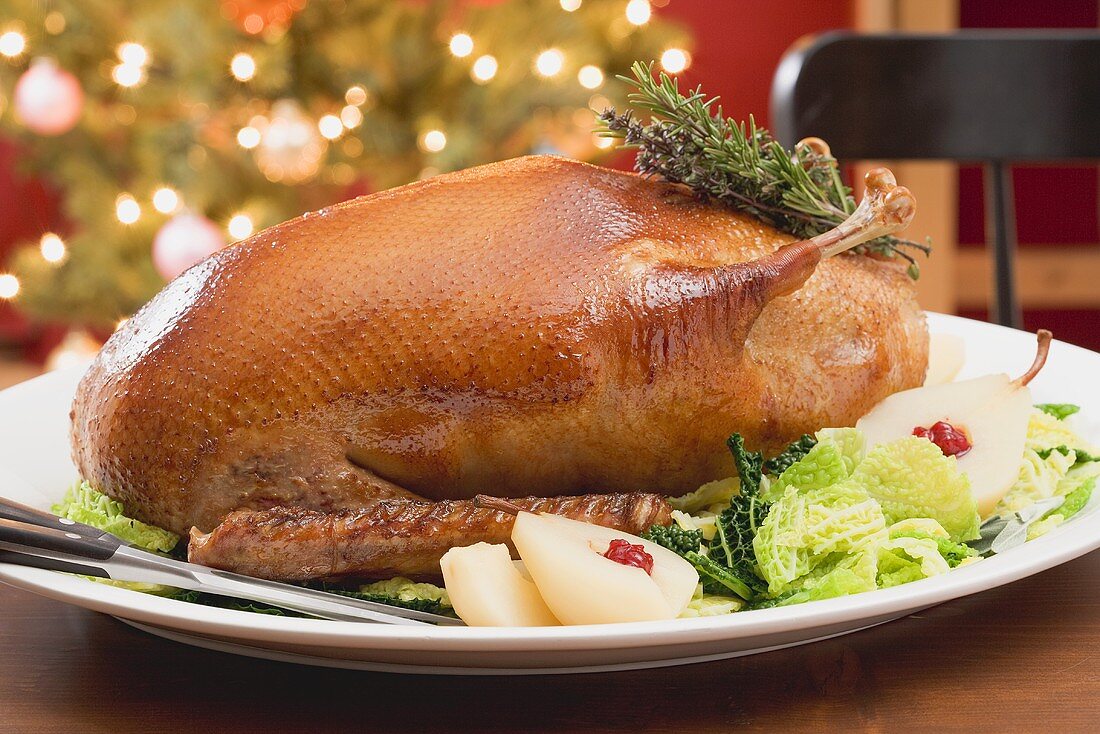 Roast duck with pears and savoy cabbage for Christmas