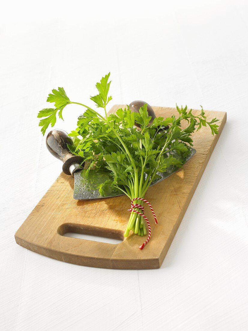 Bunch of parsley on chopping board with mezzaluna