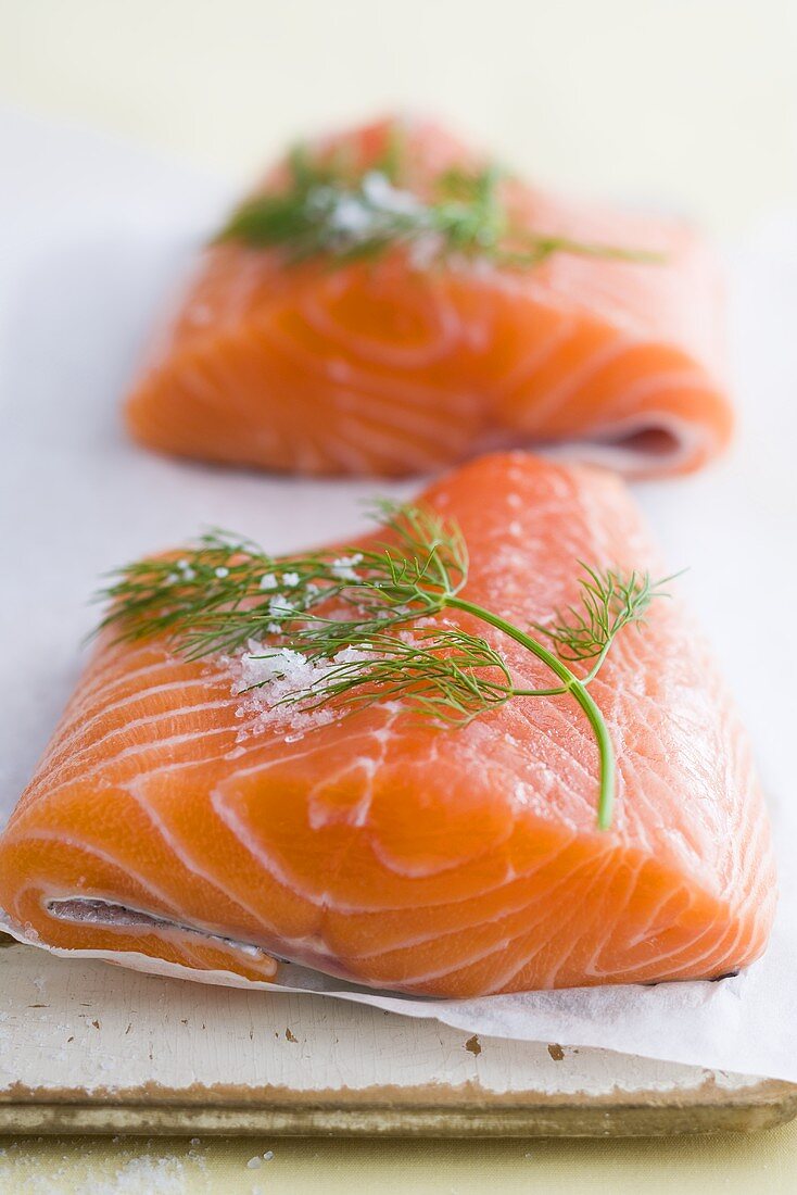 Salmon fillets with salt and dill