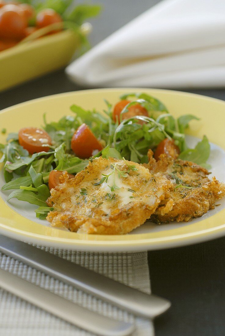 Fried mozzarella with rocket salad