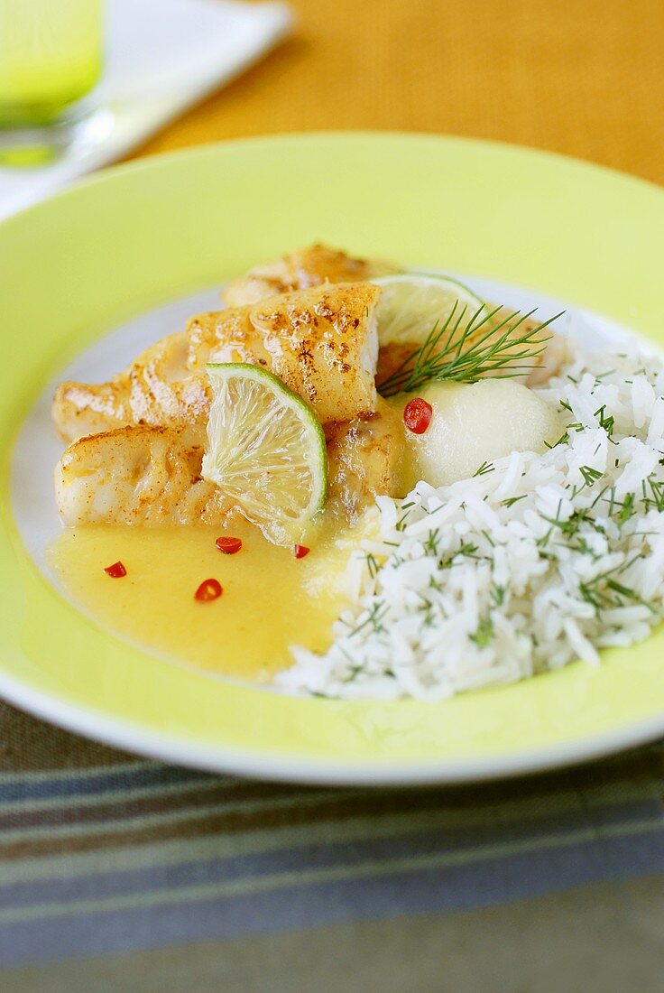 Perch fillet with peppers, melon sauce and rice
