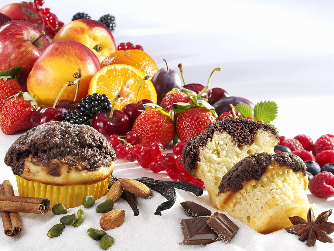 Sweet muffins, fresh fruit, spices, nuts and chocolate