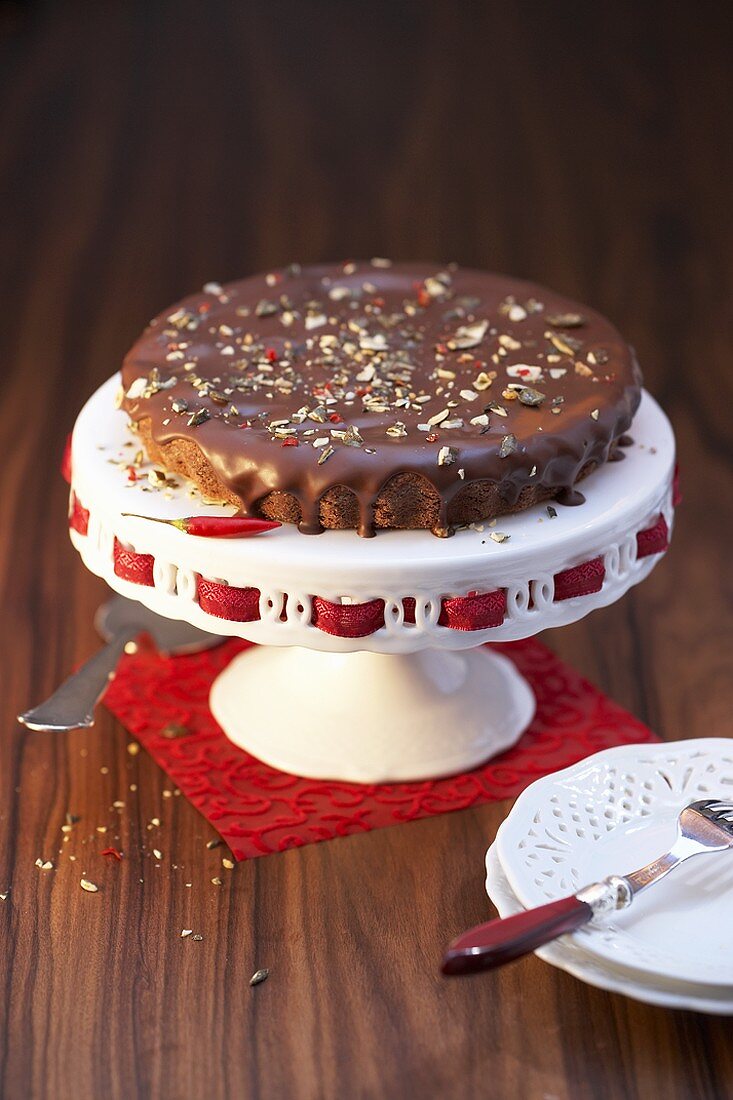 Chilli chocolate cake on cake stand