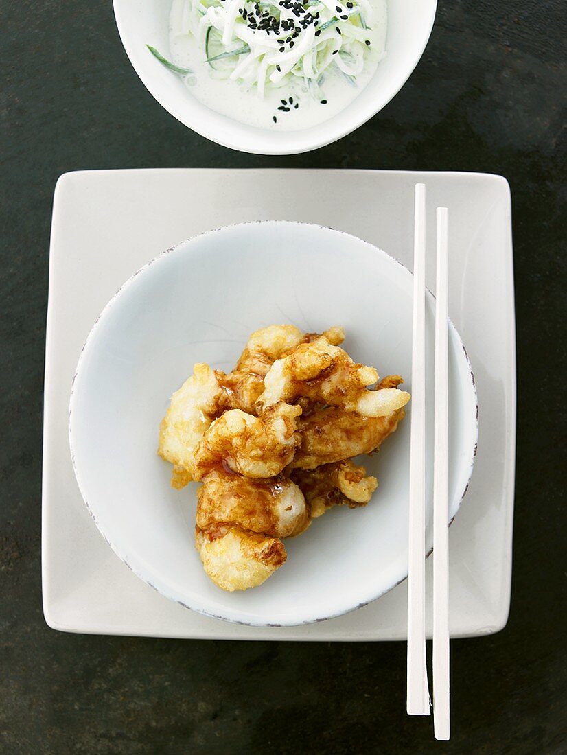 Shrimp teriyaki with spicy cucumber salad