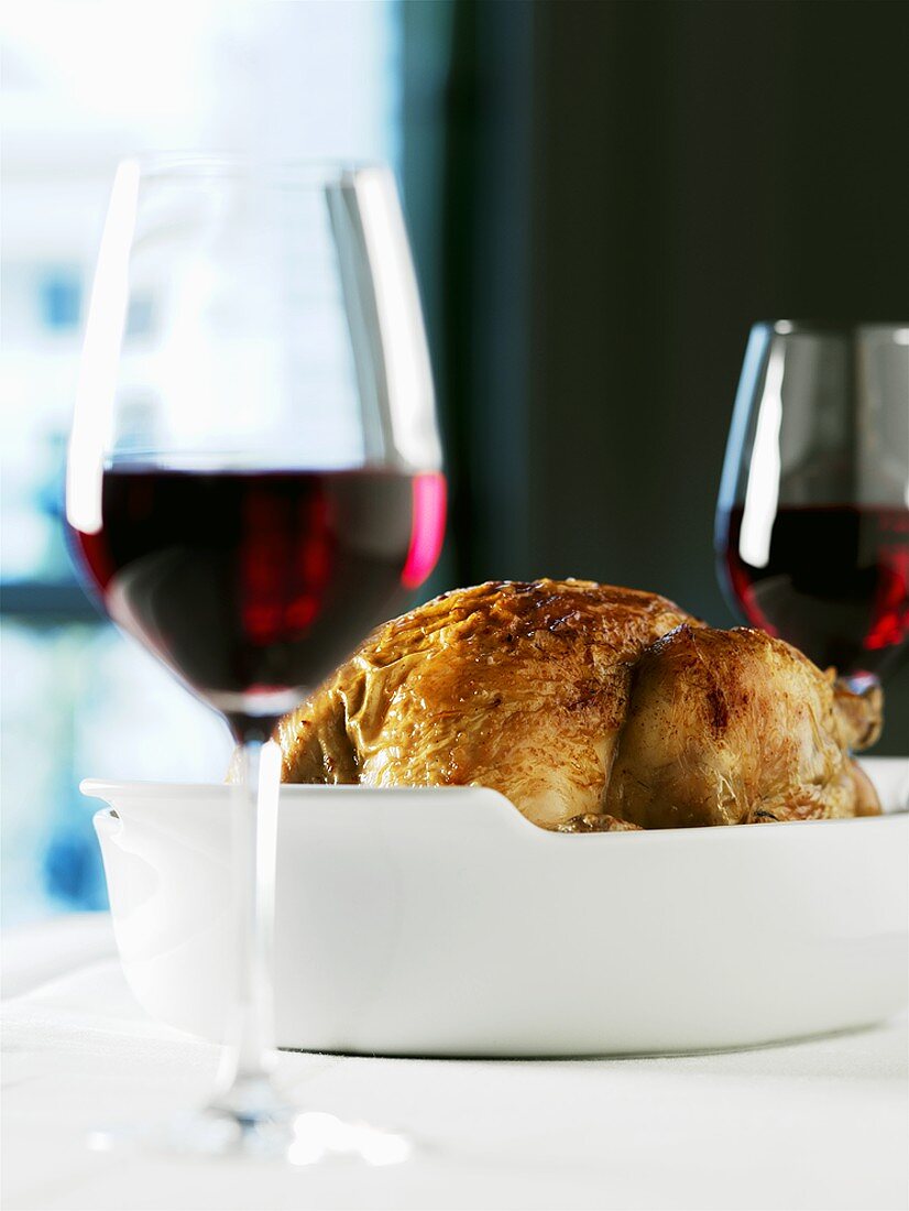 Roast chicken and two glasses of red wine
