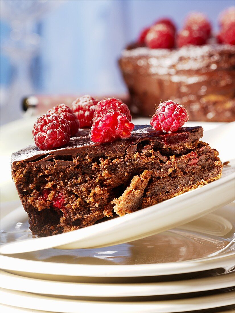 Piece of chocolate raspberry cake