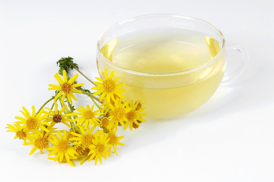 Cup of tea, ragwort flowers beside it