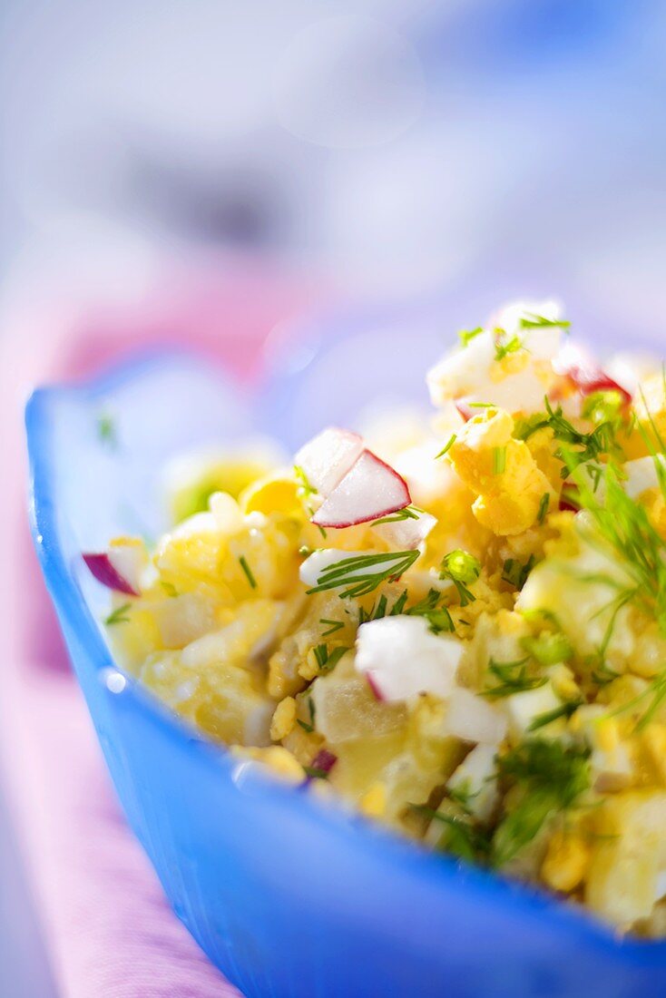 Egg and vegetable salad in blue bowl