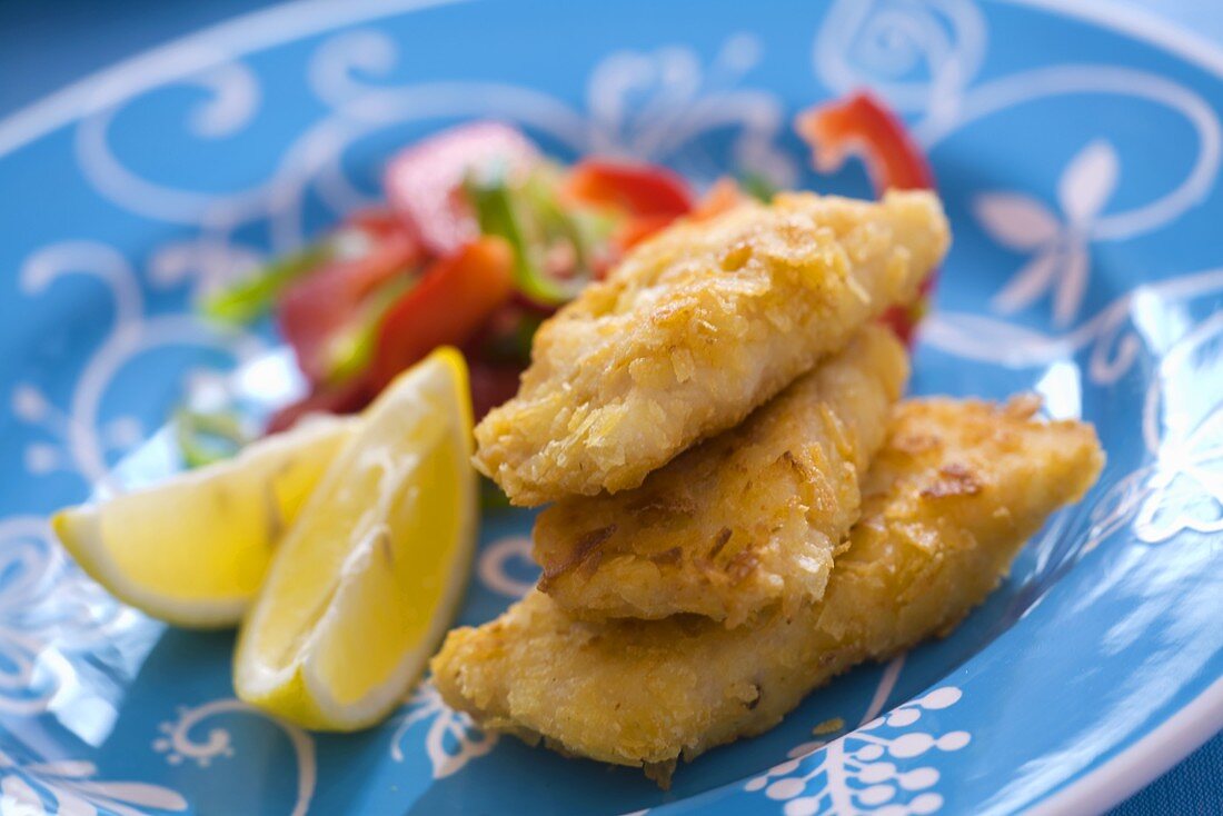 Panierte Fischfilets mit Paprikasalat und Zitronenschnitzen