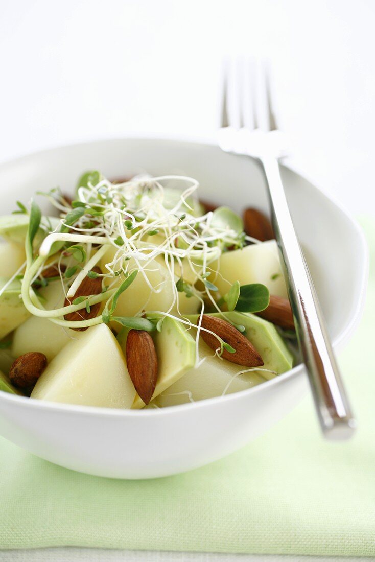 Potato salad with almonds and sprouts