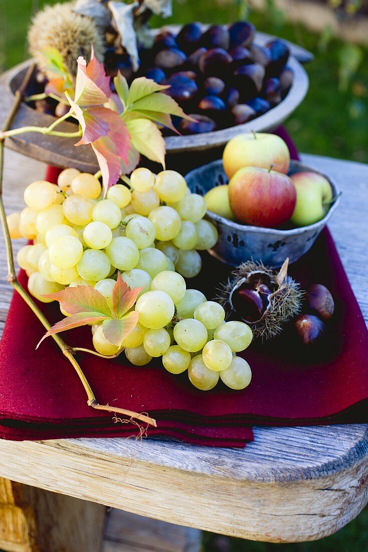 Trauben, Äpfel, Esskastanien und Herbstlaub