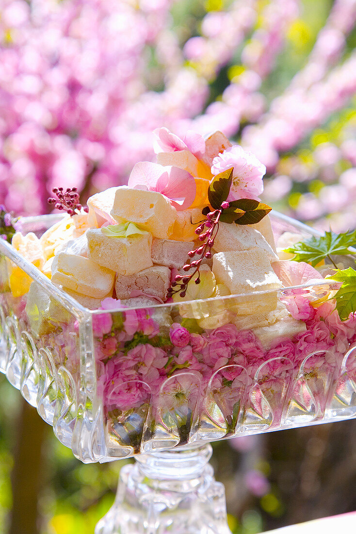 Turkish Delight on wild roses in glass dish