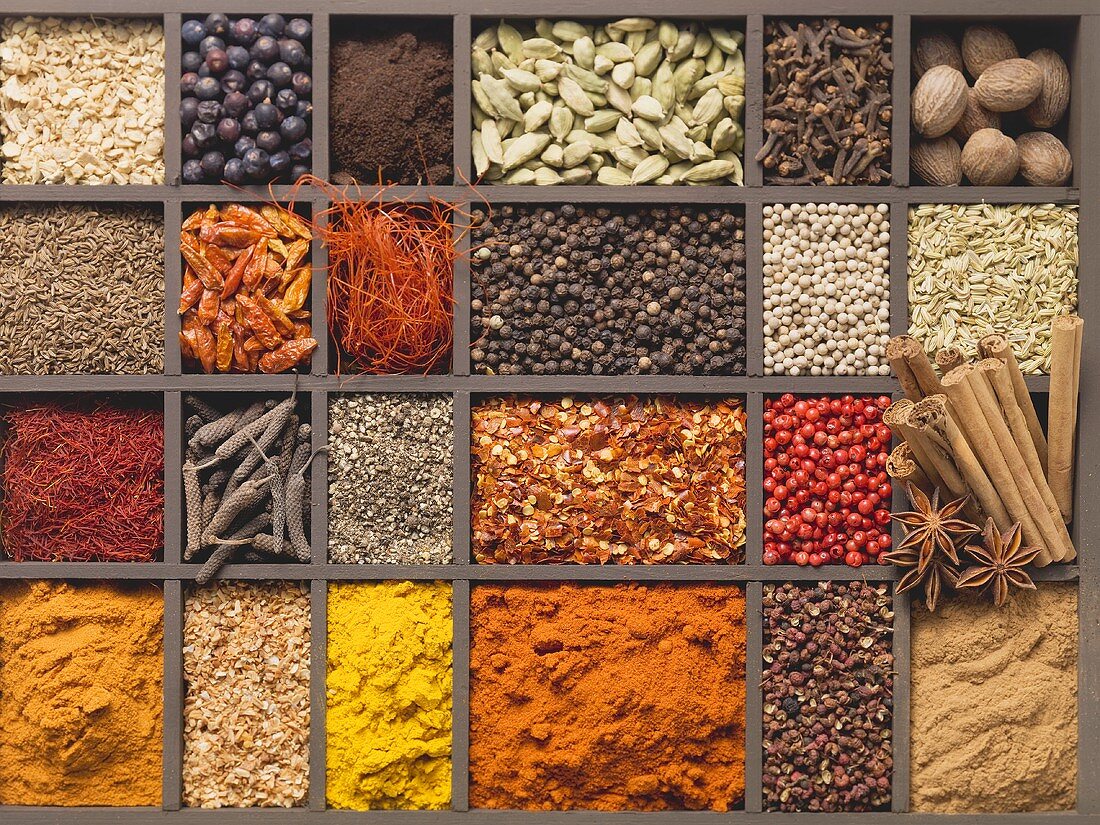 Various spices in a type case