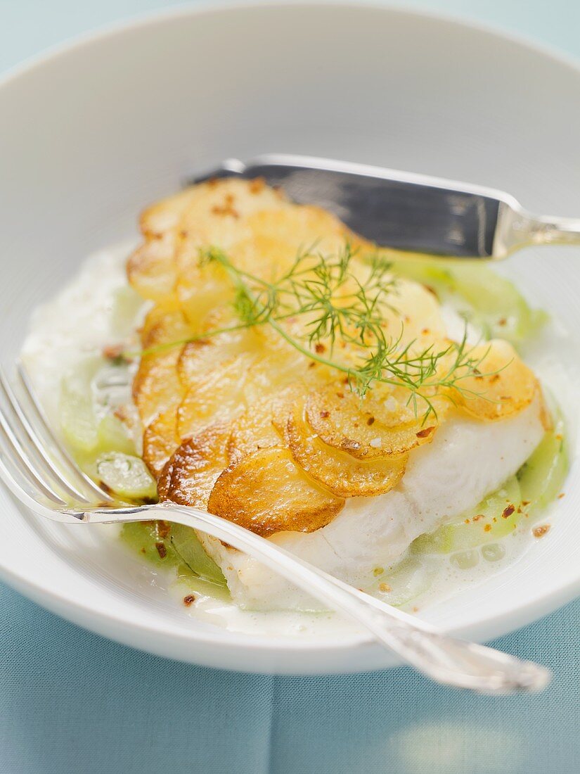 Catfish with crispy potato crust on dill cucumber with lemon sauce