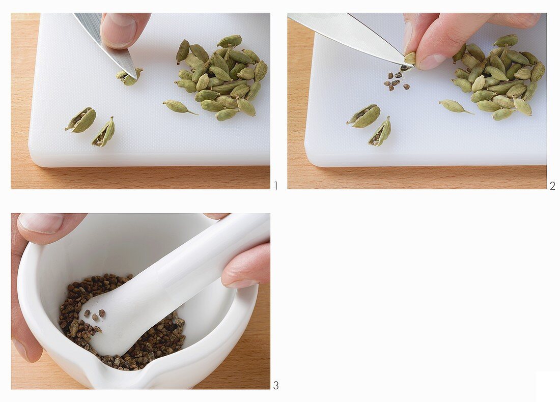 Taking cardamom seeds out of the pods and grinding in a mortar