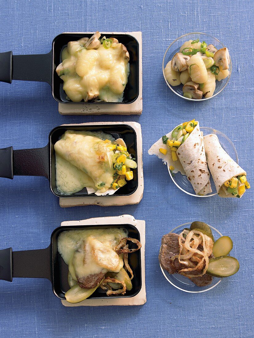 Three different raclette dishes