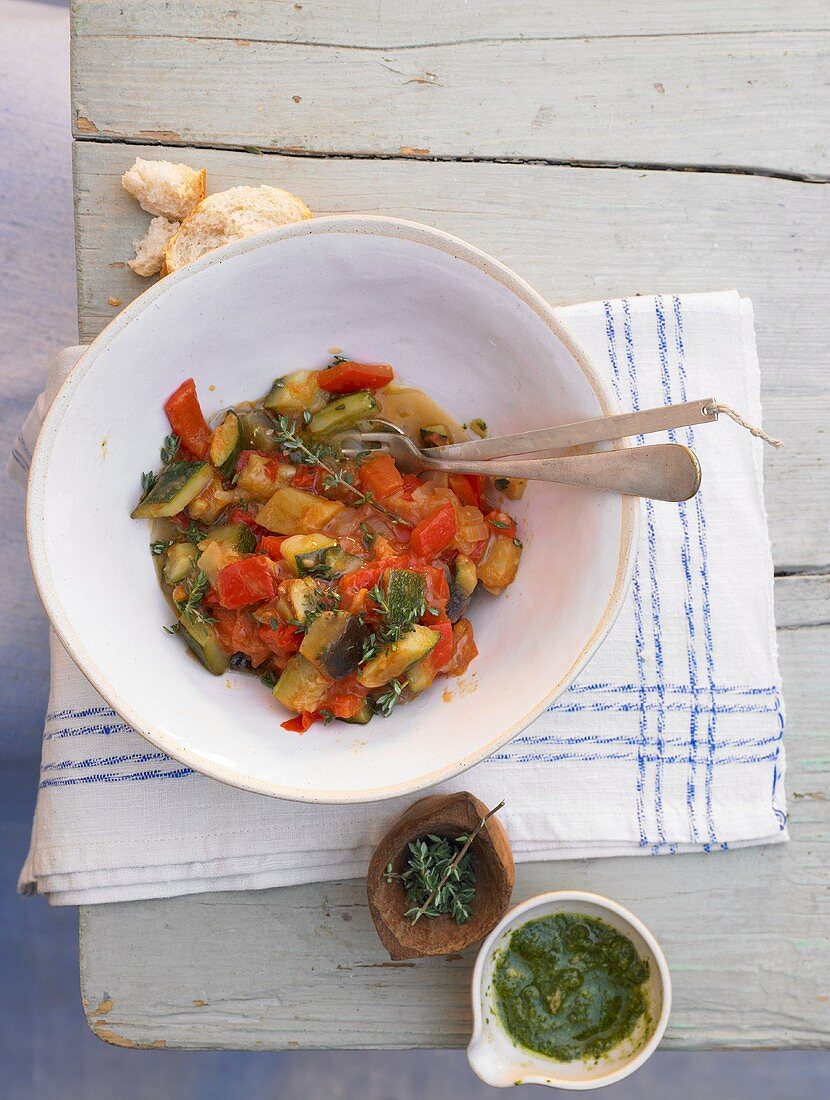 Ratatouille with thyme and pesto