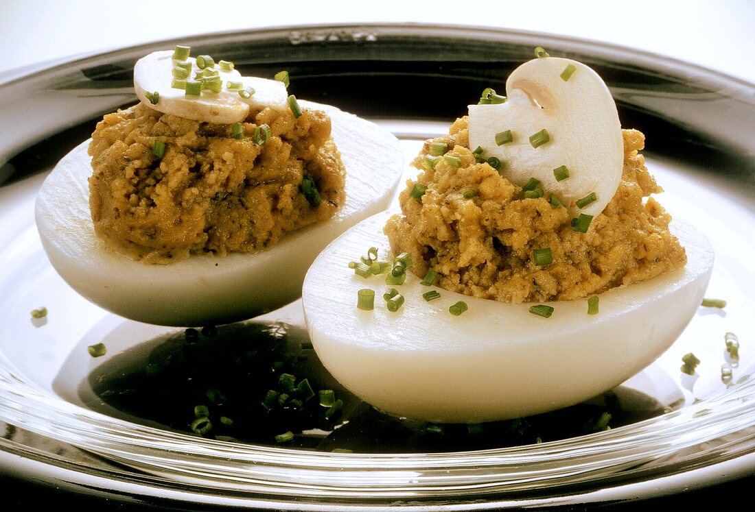 Hard cooked eggs stuffed with grain