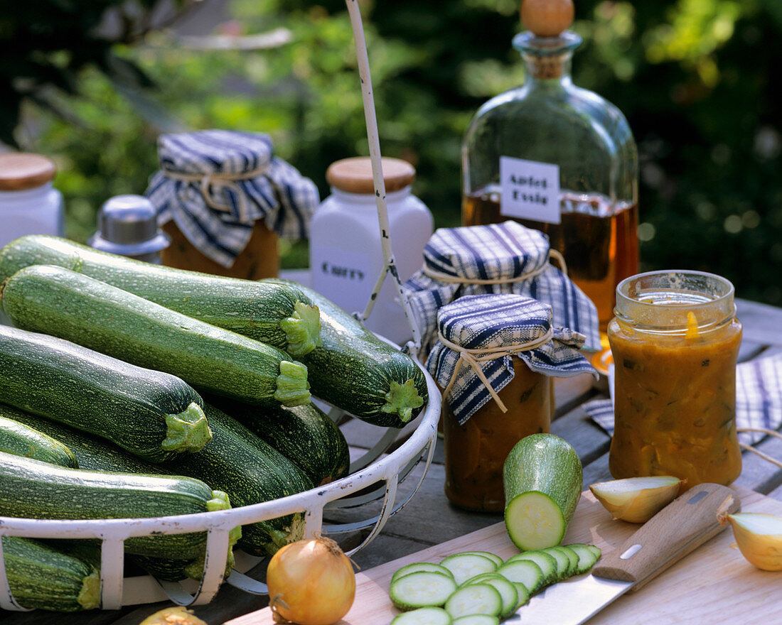 Still life with courgettes and courgette chutney