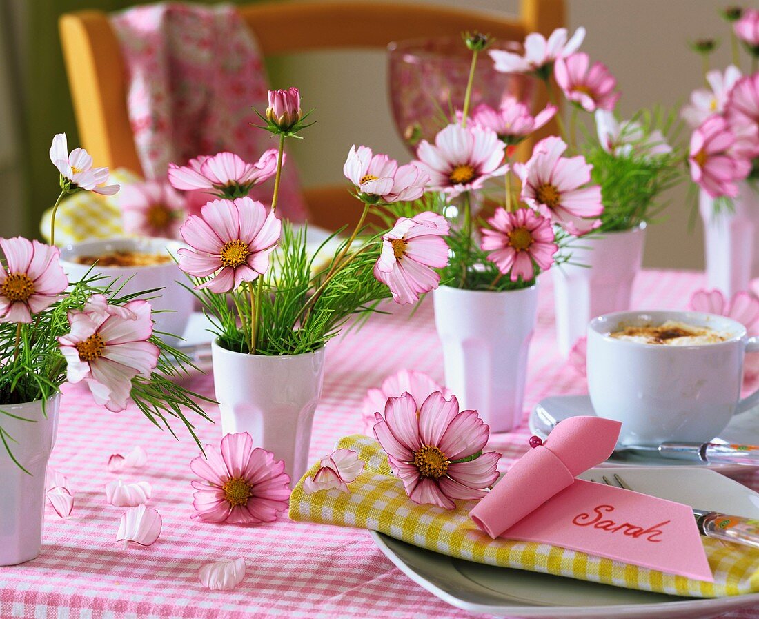 Laid table with cosmos and place card