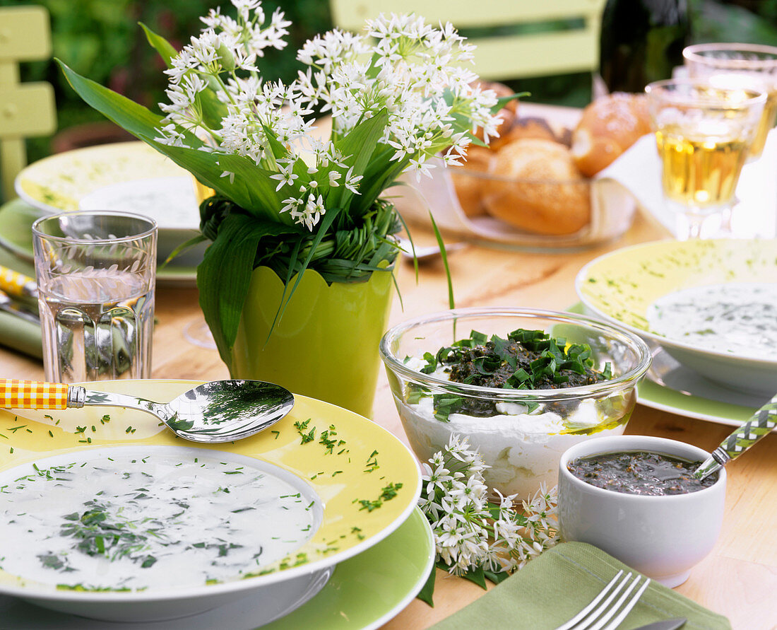 Ramsons (wild garlic) dishes: soup, quark and dip